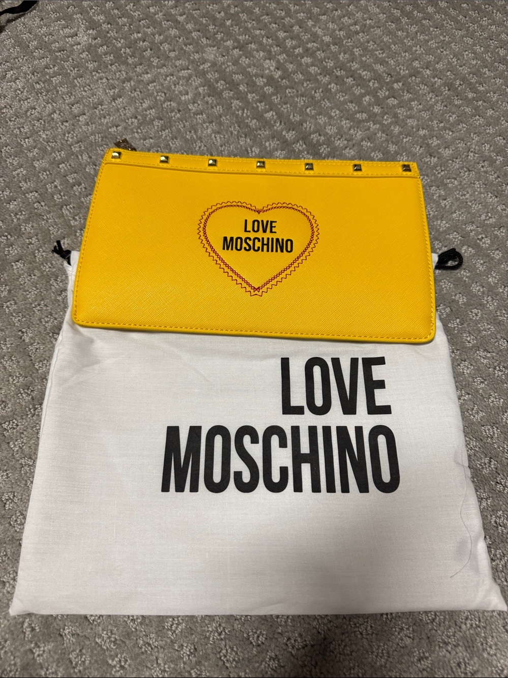 Love Moschino Bright Yellow Heart Zip Clutch with Stud Trim